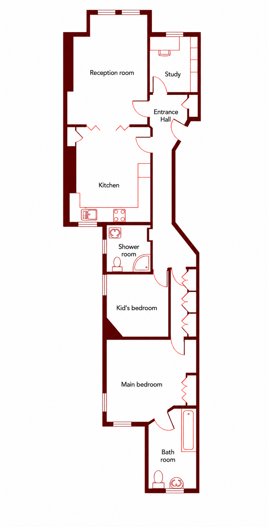 Clean floor plan of 24 Harvard Court, showing the rooms and fixed fixtures