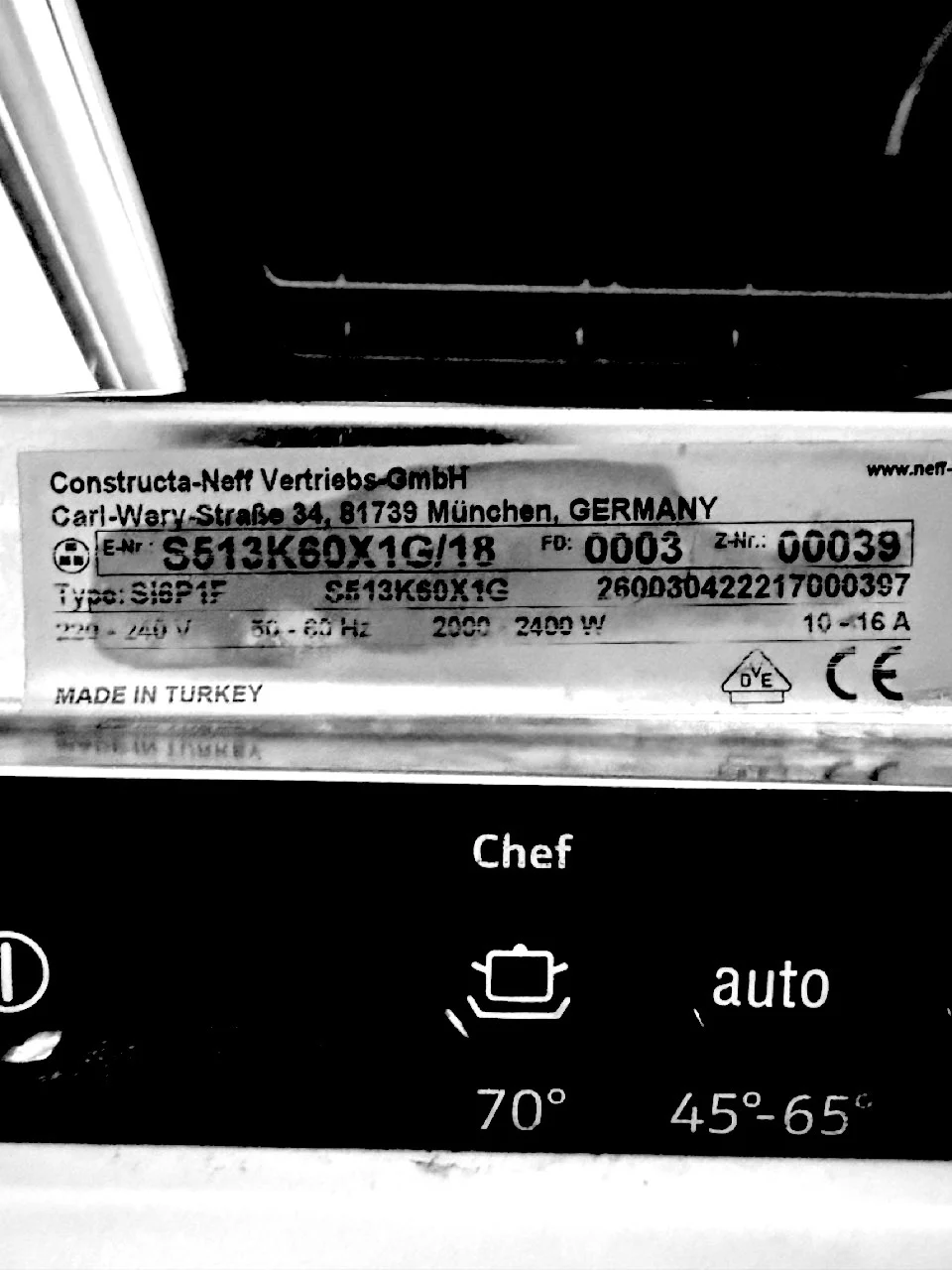 Neff dishwasher rating plate and controls