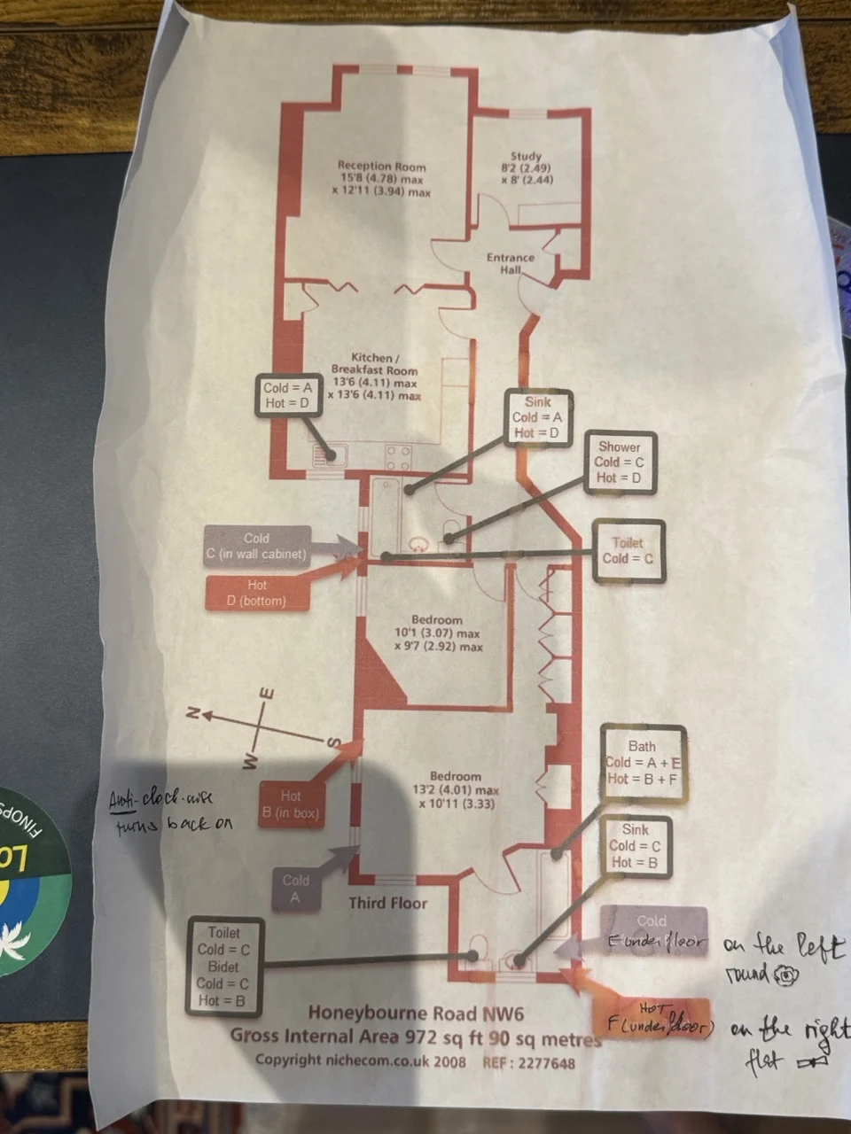 Annotated plan mapping lettered hot and cold water valves to fixtures